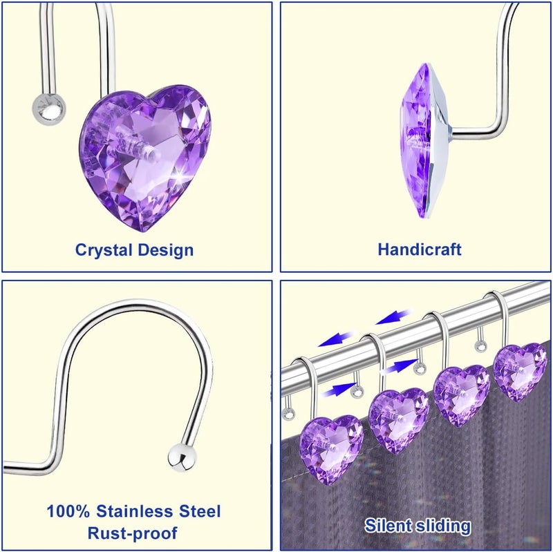 Yapicoco Shower Curtain Hooks Rings for Bathroom, 12PCS Heart Stainless Steel Rust Resistant Decorative Rhinestones Shower Curtain Rings Hangers for Shower Curtains (Single Hook Purple) - Image 3